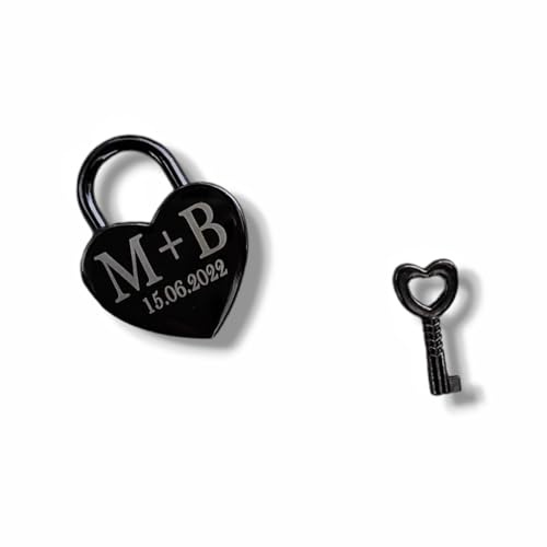 Schloss mit Gravur | Vorhängeschloss personalisiert | personalisierter Liebesschloss | Valentinstag schlösser | Paarschloss individuell | personalisierte Pärchen Schloss mit Schlüssel (Schwarz)