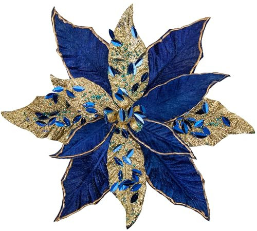 Oairse 4PCS Large Glitter Poinsettia Flowers 12/30cm Blue Artificial Christmas Flowers Picks with Long Stem Christmas Tree Decorations for Xmas Tree Ornaments Wedding New Year Halloween