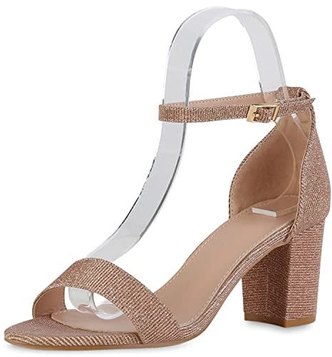 VAN HILL Damen Riemchensandaletten Sandaletten Blockabsatz Schuhe Party Riemchenschuhe Glitzer Abendschuhe Partyschuhe 211233 Rose Gold 40