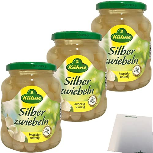 Kühne Silberzwiebeln in pikantem Aufguss 3er Pack (3x330g Glas) + usy Block