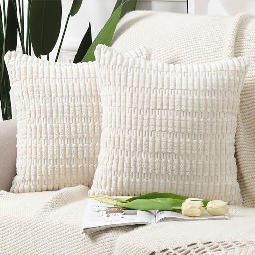 Madizz 2er Set Boho Gestreifte Kissenbezüge Weicher Kordsamt Dekorativer Kissenbezug für Sofa Schlafzimmer Kissenhülle Beige 30 x 30 cm
