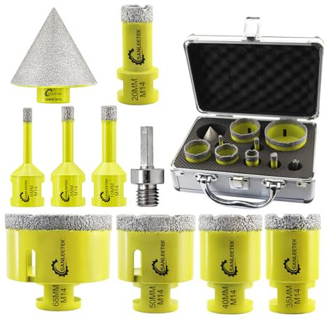 Foret Diamant Kit Trepan Carrelage - 10pcs (6/8/10/20/35/40/50/68mm+50mm Mèches de Chanfrein+Adaptateur) Scie Cloche pour Carrelage Céramique Porcelaine Marbre Granit M14 Filetage SANLEETEK