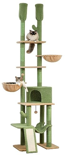 PETEPELA Árbol de Cactus para Gatos de Piso a Techo - Torre Con Condominio Grande, Altura Ajustable 216-285 cm, Centro de Actividades de Escalada de 5 Niveles Con Hamaca