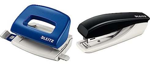 Leitz Mini Büro Locher aus Metall & Mini-Heftgerät, Für 10 Blatt, Ergonomische Form, Schwarz, NeXXt-Serie, 55170095