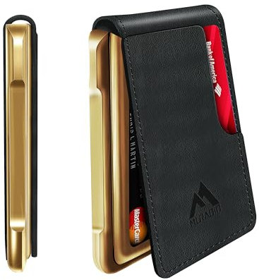 MURADIN Herren-Geldbörse, Taktische Faltbrieftasche, Metall, RFID-blockierend, Aluminium, Bargeld- und Kartenhalter, Geschenk für Herren, Schwarzes Leder mit goldenem Rahmen