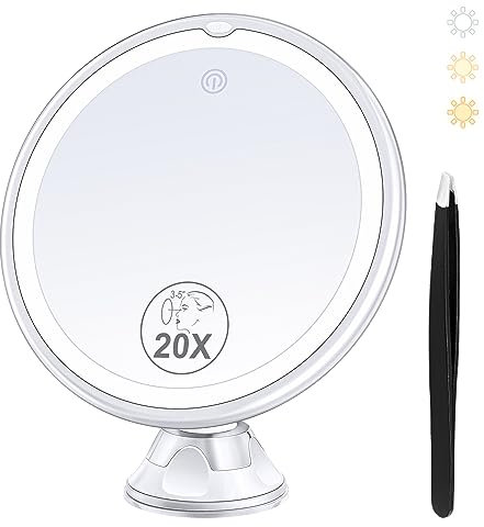 MIYADIVA 20-fache Vergrößerungsspiegel mit Licht, beleuchteter Vergrößerungsspiegel mit Saugnapf und Pinzette, 3-farbige Vergrößerung, Make-up-Spiegel, 360 Grad drehbar, Make-up-Spiegel mit Licht zum