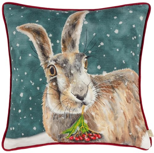 furn. Evans Christmas Hare Polyester Filled Cushion (Multicolour - 43x43cm) | Festive Season Hand Painted Rustic Woodland Snowfall Berry Artwork Decorative Pillow