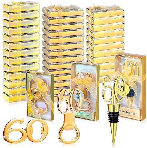Hushee 30 Pcs 60th Birthday Party Favors for Guests Birthday Bottle Opener Golden Wine Stoppers with Rhinestones for Adults Women Wedding Party Anniversary Souvenirs Keepsakes