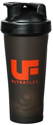 UltraFlex Protein Shaker Bottle, Sports Supplements Protein Shake Bottle, Transparent Black Shaker Cup, 600ml, Leakproof, Secure Cap, Gym, Stainless Steel Mixer Ball, Graduated Marks