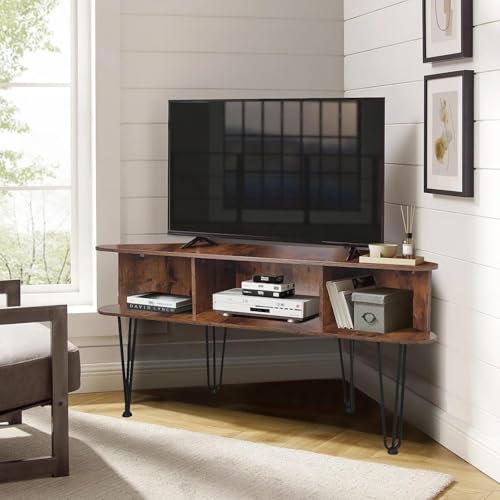 Corner TV Stand for 50 Inch TV, Entertainment Center with Storage Cabinet, Industrial Media Console Table with High Metal Feet and Anti-Slip Pads, TV Stand for Living Room, 50 TV Console, Brown