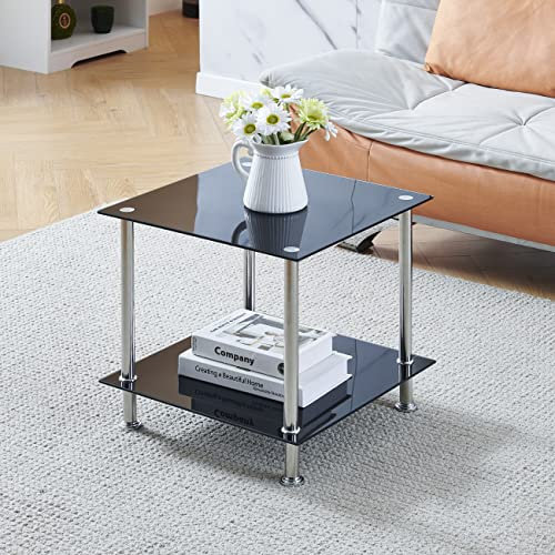 Pantanal Glass Sofa Table Side Table Small with Storage Shelf, Living Room 2 Tiers Corner Coffee End Table Bedroom Little Nightstand Beside Table (Black, Square)