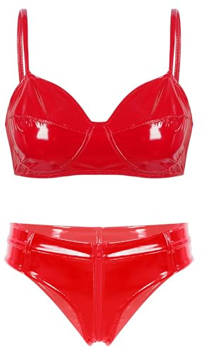 Agoky Damen Glänzend Lack Leder BH und Low Rise Slip String Tanga | Bikini Dessous Set Erotische Lingerie Nachtwäsche