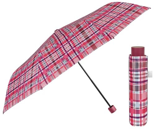 PERLETTI Regenschirm Kompakt Handtasche für Damen - Taschenschirm Manuell für Frauen Mädchen - Damenschirm Regen Schirm Sturmfest Leicht Mini - Durchmesser 97 cm (Kariert Rot)
