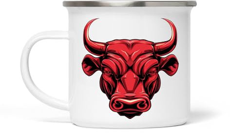 Dropful Vintage Red Bull Weiß Emaille Becher - 354 ml, langlebig und elegant, Ideal für Kaffee, Tee und heiße Getränke