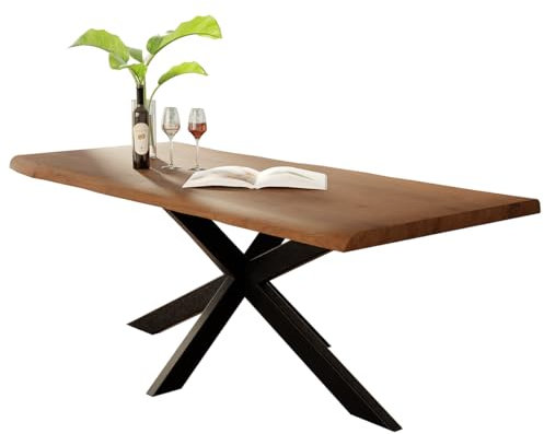 Liadomo Esstisch 180x90 Diala Nuss, Baumkantentisch, Baumkante, Akazie Massivholz Tisch, 35 mm Tischplatte lackiert, Robust & Pflegeleicht, Unikat, Spider-Gestell Metall schwarz