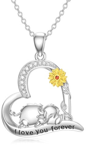 ROMANTICWORK Kuh Kette 925 Sterling Silber Highland Cow Anhänger Halskette Sonnenblumen Kuh Schmuck Geschenke für Damen Mädchen