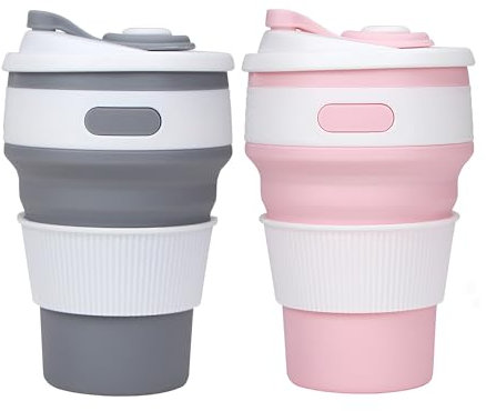 Accmuzzy 2 Pack Collapsible Cup with Lid, Foldable Travel Mug for Hot Drinks, Coffee Cup, Personalised Mug for Picnic, Camping, Hiking, Office (1 Grey 1 Pink)