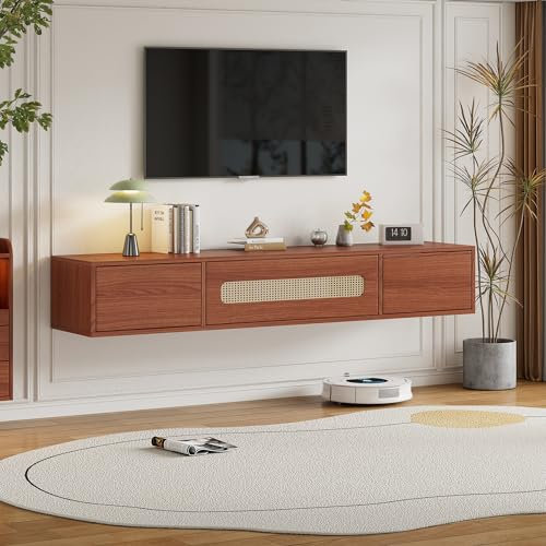 Merax Rattan Schwebeschrank TV Lowboard Fernsehrschrank Fuer 60 Zoll TV Stand