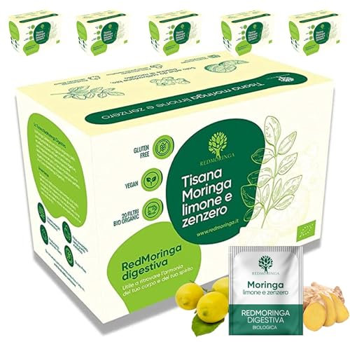 Tisana Digestiva e Sgonfiante con Moringa, Zenzero, Limone e Verbena Bio | 6 Confezioni 120 Filtri | Depurativa, senza Caffeina nè Teina | Prodotta in Italia con Erbe biologiche | RedMoringa