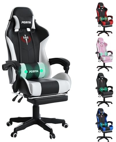 PORIYA Gaming Chair with Adjustable Backrest, Ergonomic Executive Office Chair, Height Adjustable Racing Chair 2-Point Massage Reclining Computer Chair Capacity Weight 150 kg (White with Massage)