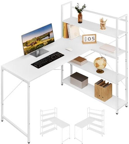 Klihome Eckschreibtisch 120cm, Schreibtisch mit Regal, Computertisch L-Form Links oder rechts 80 cm, Bürotisch mit Metallgestell, Tisch für Arbeitszimmer, Holzwerkstoff, Weiß, K0005TS