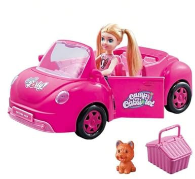 PNJB Pink Road Trip Picnic Toy Car with Doll Basket Set, Great Value Toys Fun Cabriolet Convertible, Interactive Design, Sturdy Construction, Durable ABS Material, Simple Pull Back and Go Function