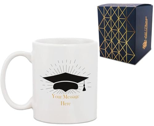 Personalised Printed Graduation Mug with Grad Cap Burst Design, Personalise with Any Name or Message, Gift Box Included, Full Colour Print, University College Graduation Gift