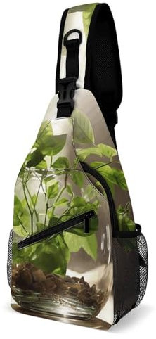 Sac à dos à bandoulière pour homme et femme, motif léopard et talons, sac de poitrine réglable, Plantes vertes dans un vase en verre, 38x20cm