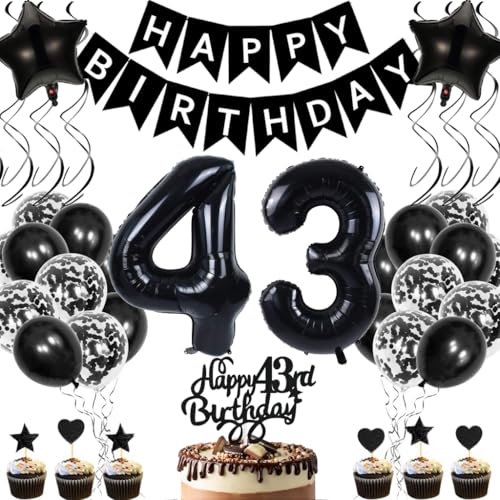 Anlgdi Geburtstagsdeko 43 Jahre Mann Frau, Luftballons 43. Geburtstag Dekoration, Schwarz Tortendeko Geburtstags 43 Jahre Frauen, Folienballon Zahl 43 Schwarz, Deko 43. Geburtstag Männer