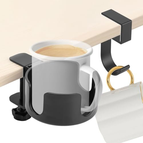 Desk Cup Holder Clamp W/Desk Hook,Large Anti-Spill Cups Holder Clamp, Easy to Install Table Cup-Holder,Desk Drink Bottle Holder for Coffee Mups,Water Cups,Bag,Headphone