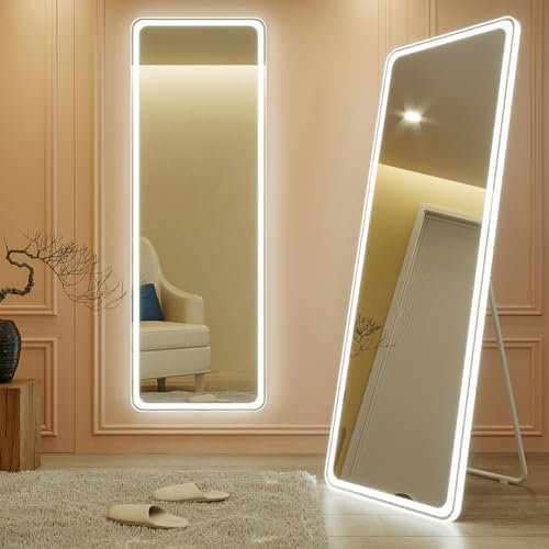 KWW LED Volllängenspiegel mit Lichtern stehend, schwarzer Aluminium gerahmter großer ganzer Körper dimmbarer Ankleidespiegel Boden/an der Wand befestigter Eitelkeits-Make-up-Spiegel (50 x 150 cm)