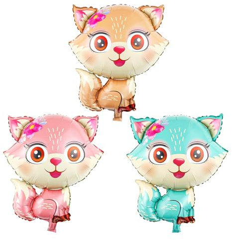 KOBOKO Luftballon Tiere Geburtstag, 3 Stk Folienballon Fuchs Deko, Bunte Helium Ballon für Kinder Party, Mädchen Geburtstagsdeko
