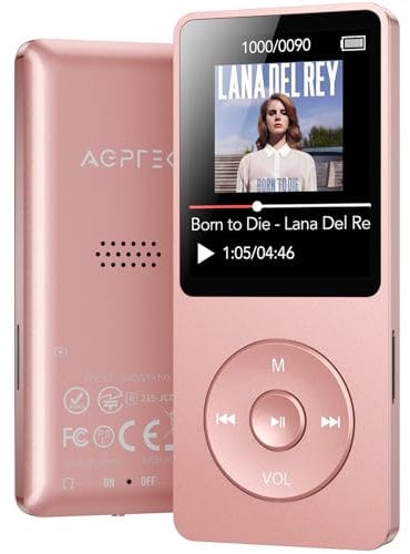 AGPTEK Lecteur MP3 32 Go Bluetooth 5.3, 1,8 , 30 heures de lecture, lecteur MP3 numérique pour enfants, avec radio FM, jusqu'à 128 Go, (sans écouteur) or rose