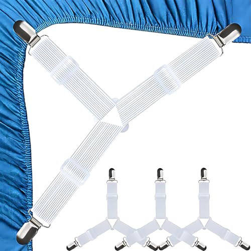 Sangles pour Draps de Lit, Set de 4 Pièces Blanches Aattache Drap Housse, Élastiques Ajustables Sangle Drap Housse avec Pinces Métalliques pour Draps de lit, Housses de Matelas, Coussins de Canapé