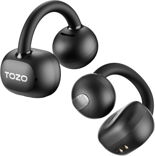 TOZO OpenEarRing Open Ear Kopfhörer Kabellos Bluetooth 5.4, Bequeme Clip On Kopfhörer mit KI-ENC für klare Anrufe, App-Steuerung, 40 Std. Wiedergabe, LED-Anzeige für Laufen und Training – Schwarz