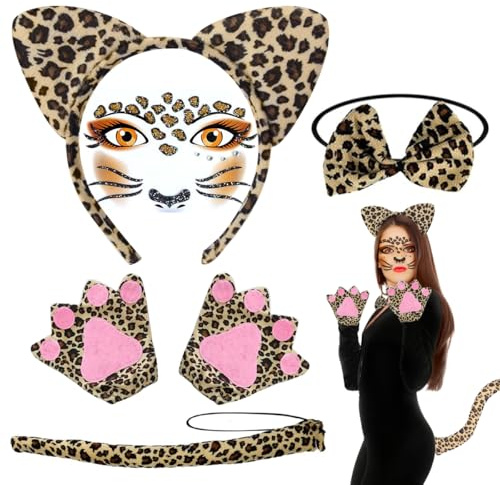 XLZJYIJ Leopard Kostüm Set, 5 Stück Leoparden Ohren Stirnband Set, Leopard Gesicht Kunst Aufkleber, Leoparden ohren Haarreif, Handschuhe, Schwanz, Fliege, für Karneval Party Dekoration Zubehör