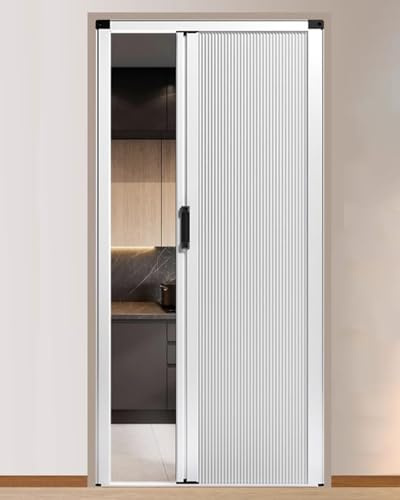 ZIMGOD Falttür Innentüren Ohne Bohren Weiß Falttür Metallrahmen und Vliesplatte, Schiebe-Falttüren mit Griff und Schloss, Trenngitter für Küche und Schlafzimmer, Sondergröße(25x80in (63.5x203cm))