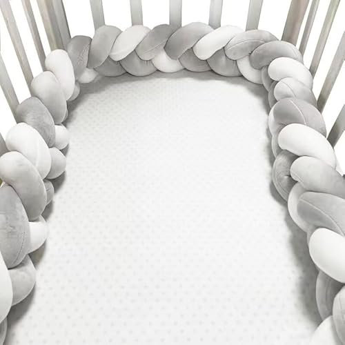 GYCF Bettschlange Geflochten Bettumrandung Kantenschutz Babybett Umrandungen Knotenkissen Geflochten Nestchenschlange Bettumrandung Knoten Zierkissen,White+Grey+Grey,2 m