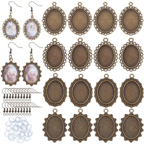 PH PandaHall 40pcs 4 Styles Earring Pendant Tray Bezels Oval Earrings Cabochon Settings, 40pcs Clear Glass Cabochons and 40pcs Earrings Wire Hook for Women Graduation Gift Jewellery Making