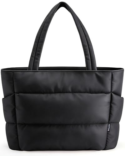 HOTOR Puffer Tote Bag for Women, Multi-Pocket, Zippered, Black, M