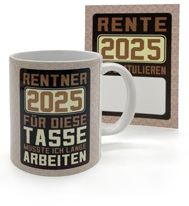 clothinx Rentner 2025 Geschenk Mann Tasse mit Spruch und kleiner Karte gut für den Renteneintritt und Ruhestand geeignet