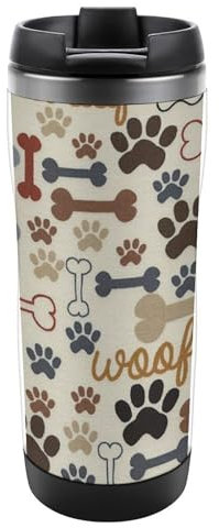 JZemdybill 13oz/380ml Stainless Steel Insulated Travel Coffee Cup, Dog Bones Paw Prints Travel Mug with Leakproof Lid, Non-Slip Bottom