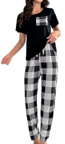 Cormfywear Women's Cute Pajama Sets Plaid Print Short Sleeve Nightwear Shirt and Long Pants Loungewear #A White Small