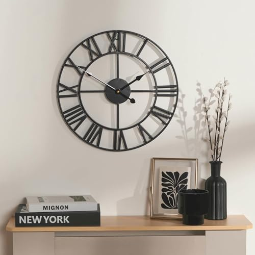 OHS Large Black Wall Clock, Metal Vintage Wall Clocks for Living Room Office Bedroom Skeleton Clock with Roman Numerals Easy to Install Battery Operated Clocks, 40cm