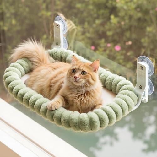 EDAGNY Stylish Cat Window Perch Foldable with Removable Reversible Cover for Sunbathing and Viewing - Cat Window Hammock Bed Sturdy with 4 Strong Suction Cups Holds up to 18kg (Green, M)