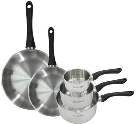 Fackelmann 9443950 Set 2 poêles 24 et 28 cm et 3 casseroles 12 16 et 20 cm inox 18/8, Poêle tous feux, Poêle induction, Poêle sans PFAS, Casserole tous feux, Acier inoxydable 18/8, 12 16 20 24 28 cm
