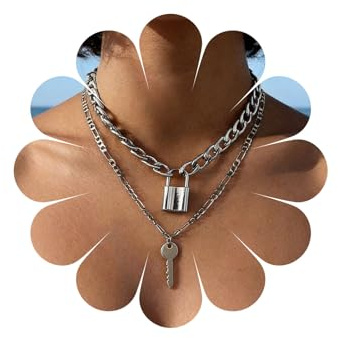 Cybche Punk Layered Chunky Cuban Chain Necklace Gold Key Lock Pendant Necklace Thick Cuban Link Curb Chain Necklaces Multilayer Choker Necklaces Hip Hop Jewelry for Women