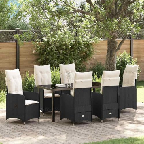 QJBSAVVA 7-TLG Gartenmöbel Set Schwarz Poly-Rattan 160 x 80 x 73 cm mit Neigemechanik, Glastisch & Outdoor-Kissen, Robust für Garten Balkon Terrasse