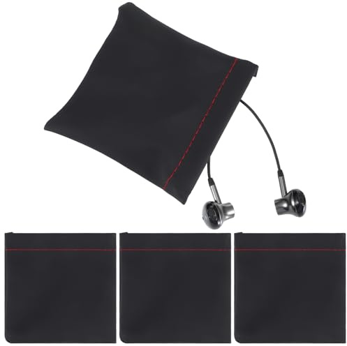 DOPENSPI 4Pcs PU Leather Earphone Storage Bag, 3.62×3.35in Earphone Pouch | Black Portable Spring Closure Organizer Headphone Elastic Pouch wired headphone case for Carrying or Storing Headphones