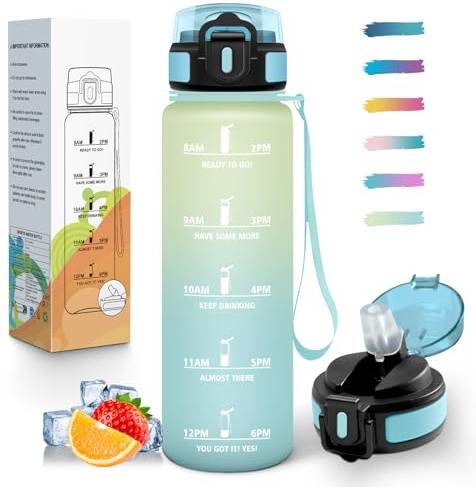 Mulbijeo Gourde 1L, Étanches, Gourde Avec Paille, Réutilisable, Bouteille d'eau, Échelle de Temps et Slogans de Motivation, Bouteille Sport pour Gym, Ecole, Cyclisme, Plein air, Sport